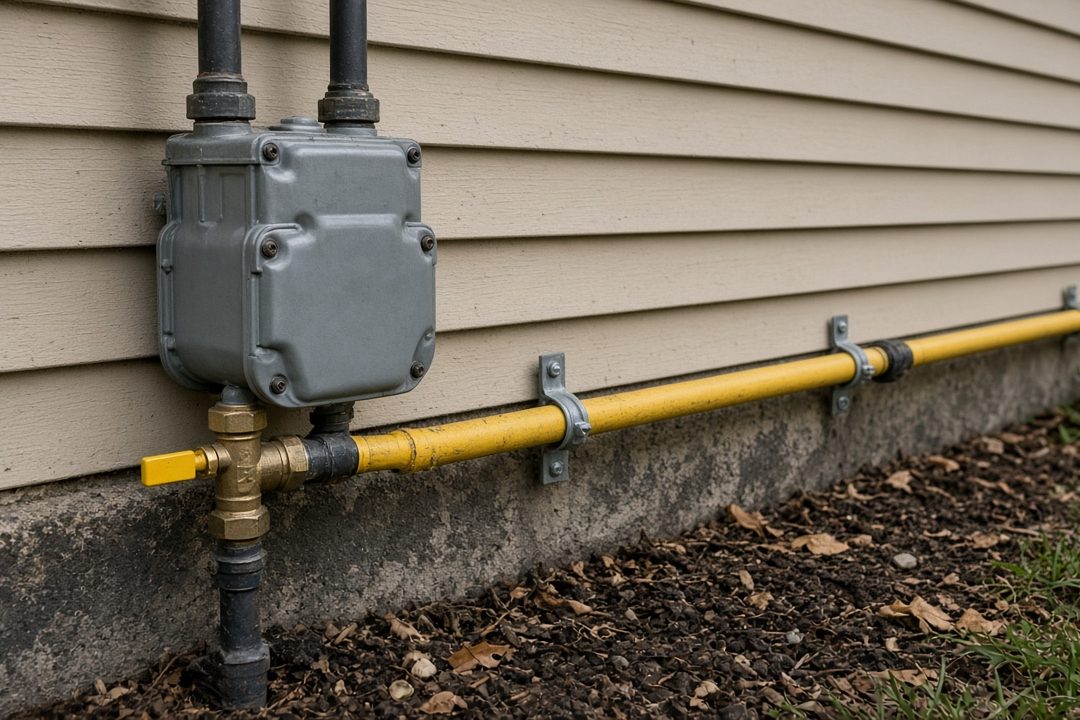 A gas meter on a house wall with a yellow gas line and fittings running along the foundation, in Waukee, Iowa