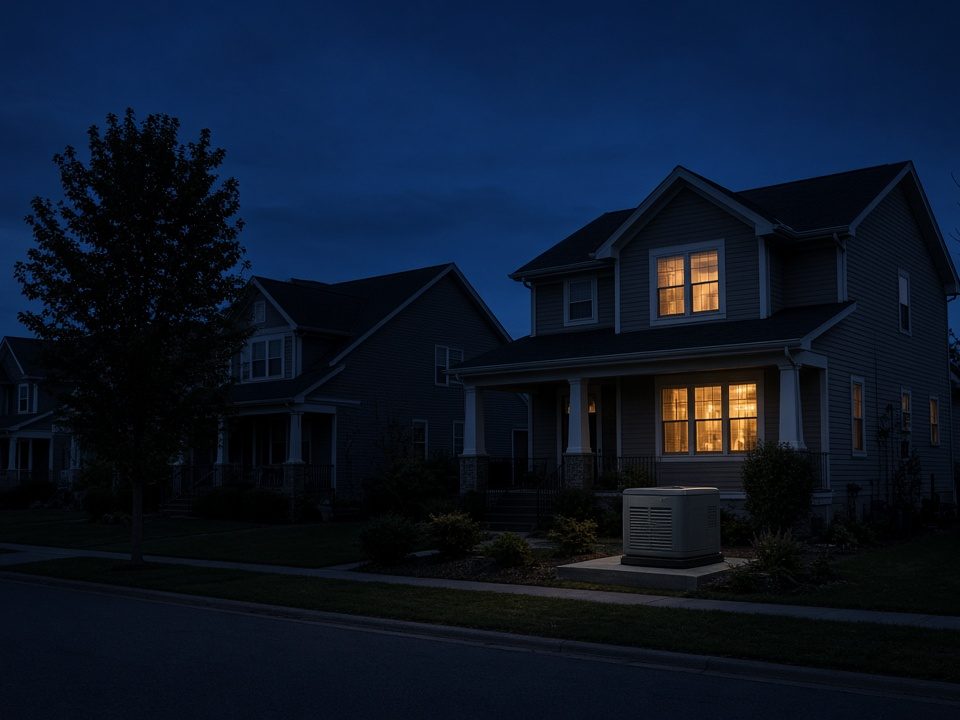A house with warm light in its windows and a standby generator beside it at night, next to dark neighboring houses, in Waukee, Iowa