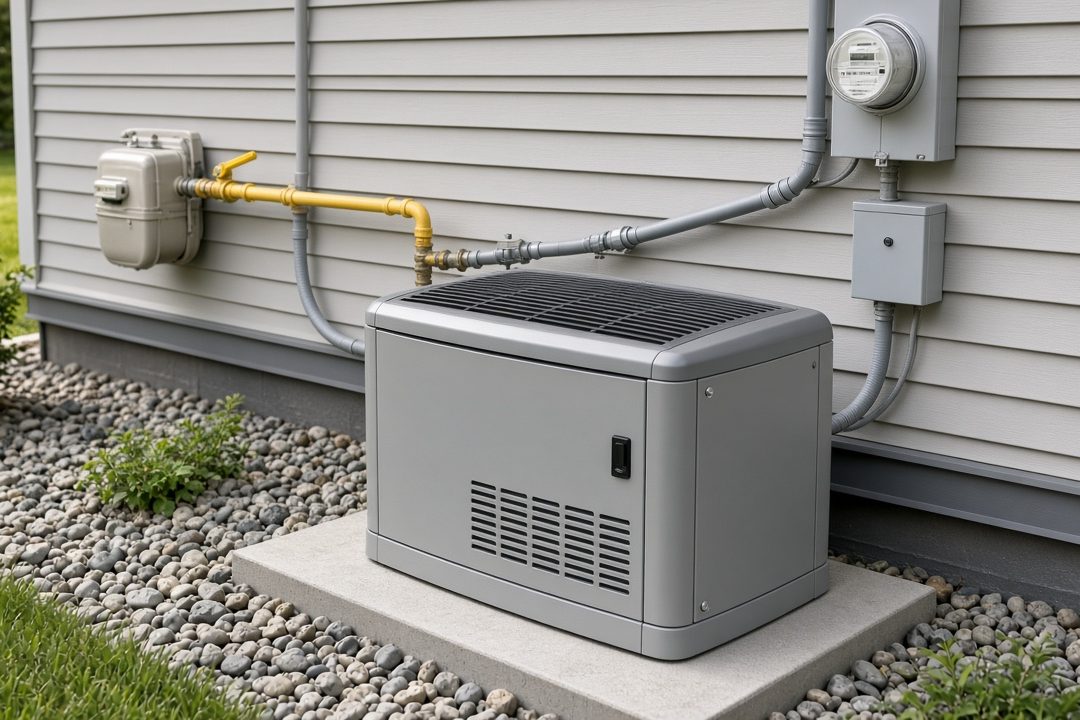 A gray standby generator on a concrete pad beside a house, with a yellow gas line and electrical conduit running along the wall to the meters above it, in Waukee, Iowa